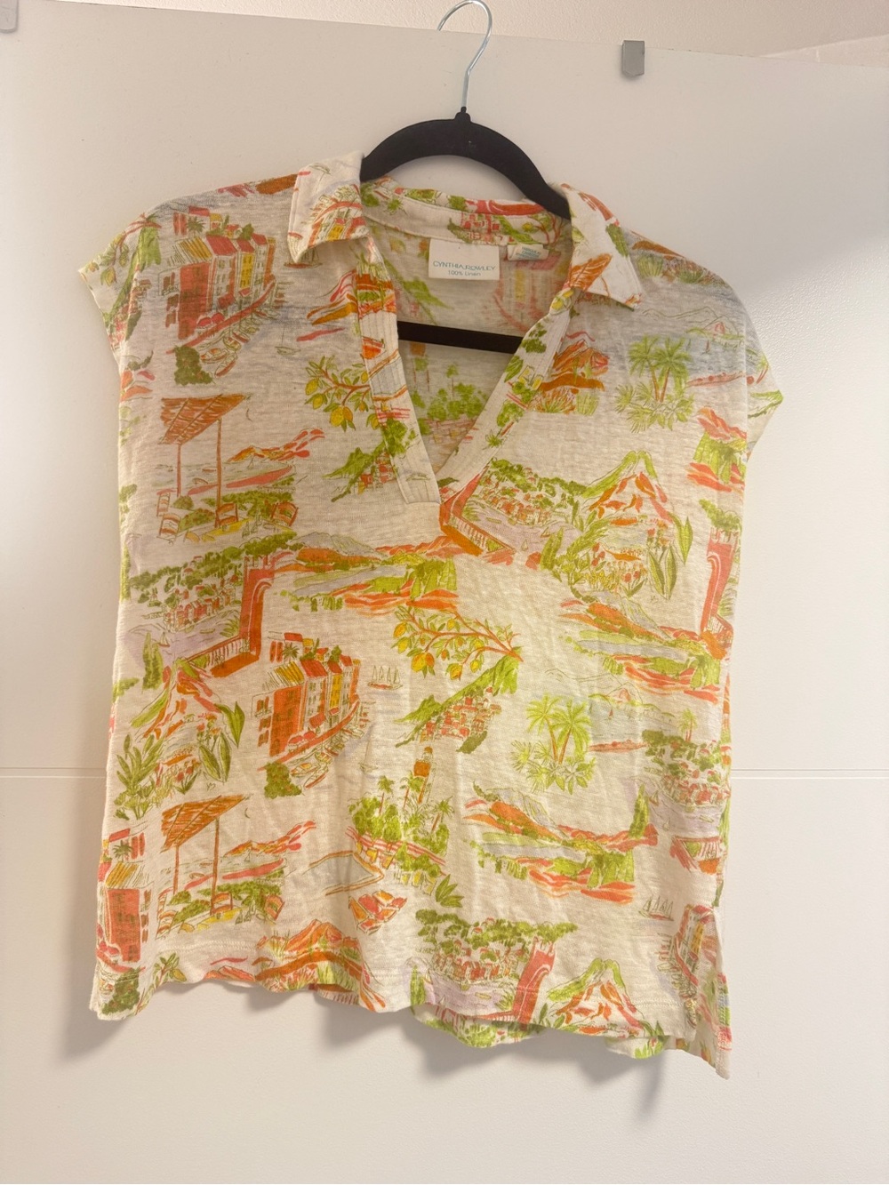 Cynthia Rowley 100% Linen Scenic Print Collared Blouse | Vacation Top | Size S
